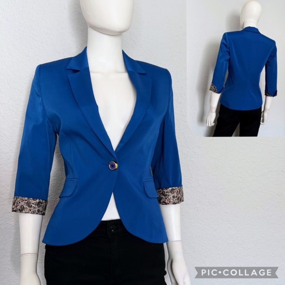 NWT WOMEN BLAZER ROYAL BLUE‎ JACKET 3/4 SLEEVES ONE BUTTON NOTCHED COLLAR LINED